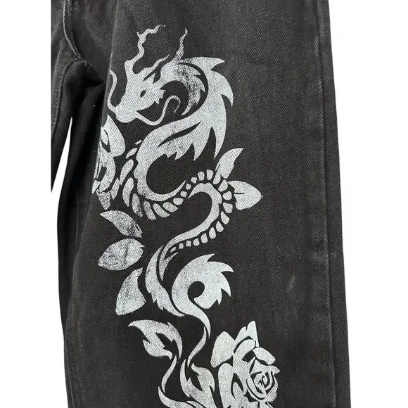 REVICE Women's Black Denim Straight Leg Rose & Dragon Jeans Button Fly 28 - Picture 5 of 8